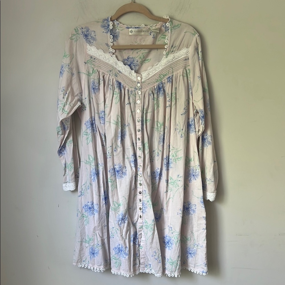Eileen West Cottagecore Blue Rose 100% Cotton Long Sleeve Nightgown Sz M